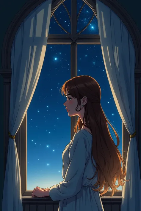 Highest quality, Manga-style profile, soft light, Night Ultra High Resolution, (Realistic:1.4), RAW Photos, A 20-year-old woman with long hair, brown hair close to blonde, alone, cute, A face full of sorrow, beautiful in every detail,Cute castle window lar...