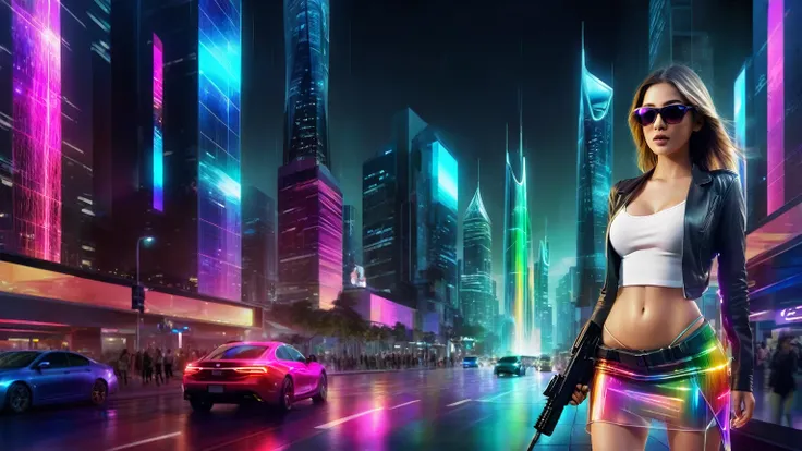 Estilo: arte conceitual. A cena: Futuristic cityscapes with colorful all-glass towering skyscrapers, sleek aerodynamic vehicles speeding through the air, rainbow colors waterfalls. High-resolution OLED GUI interfaces in the building, The windows are filled...