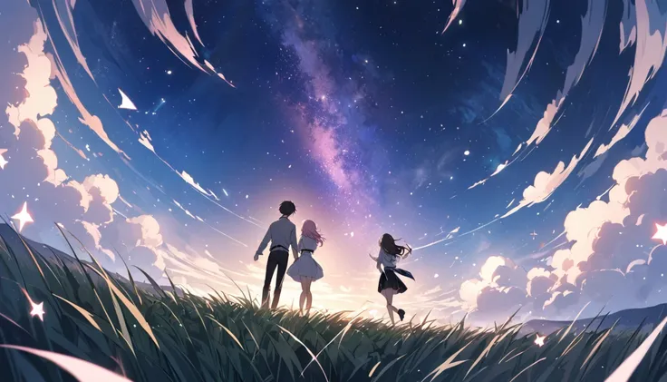 good looking, 2 high school students, Date,1 male, 1 female,Dark brown hair, Pink highlights on the tip, Pale pink eyes,A vast night sky with twinkling stars,A vast grassland,Surprised expression