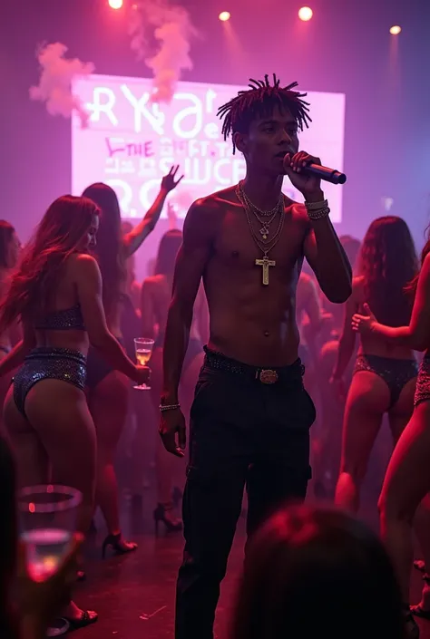 a 15 year old young man,singing trap on stage,a screen behind written RKZIIN THE BEST OF THE SCENE,Half naked women,woman in tight dress,gin glasses,champagne glasses,whiskey glasses,hookah,a girl smoking the hookah,gold chains,money and fans