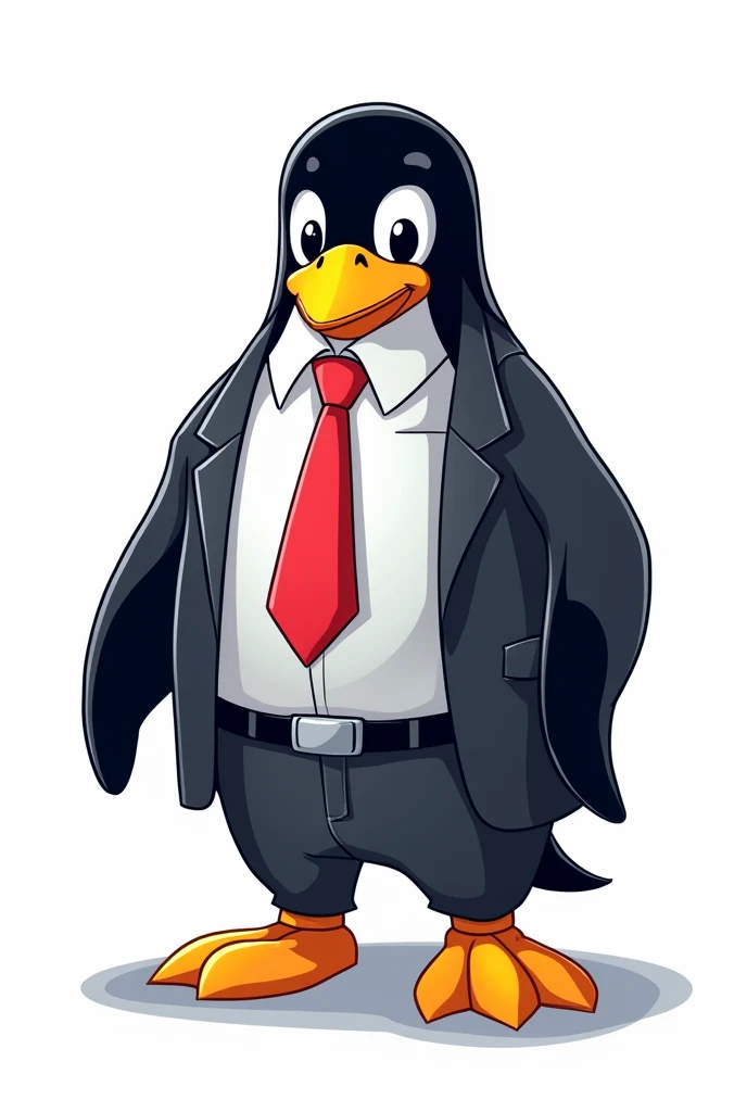 Linux mascot , wearing business suite, mid shot retro comic style, neno colours, white background.