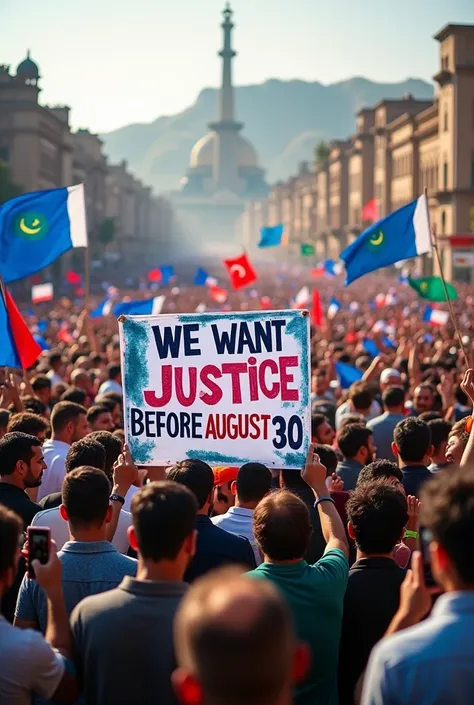 A crowd they hold the panaflex they have wrote we want to justic before 30 August ko imran khan pti flag also