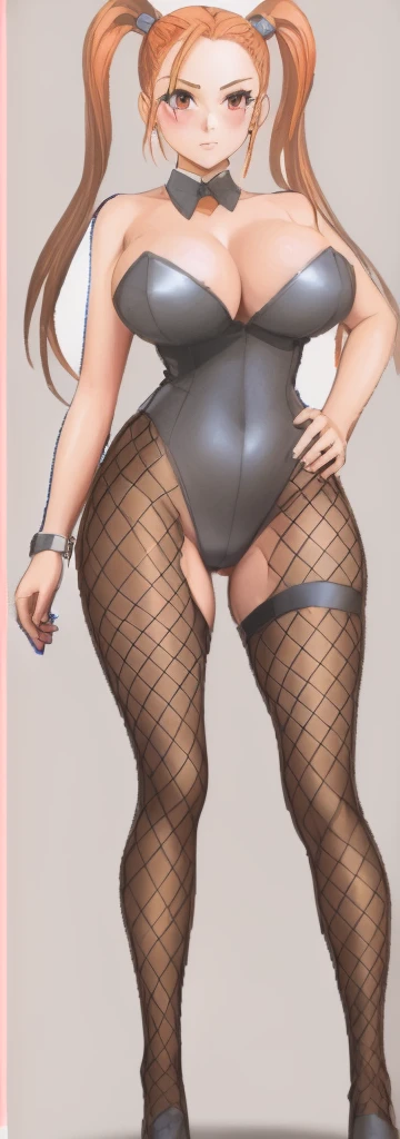 Jessica, with her large breasts, beautiful legs, and twintails, is standing with her hands on her hips, wearing a black high-cut bunny suit and fishnet tights.。