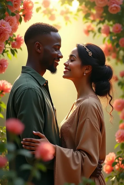 A musilm couple black boy fair skin girl looking at each other