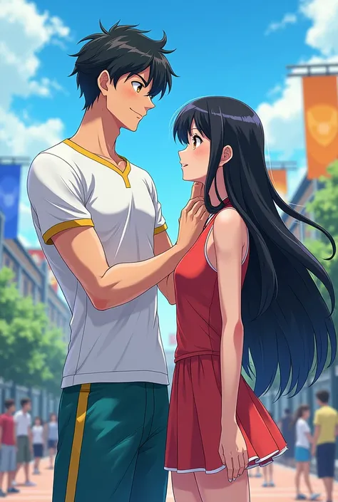 anime style,high school couple , a boy touch the girl hair , boy is a badminton player height:180 white skin thin muscle and tall ,the girl has black long curve hair introvert and shine and very cute,fashion clothes 
