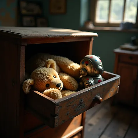 half open vintage drawer with broken teddy bear and a robot toy 