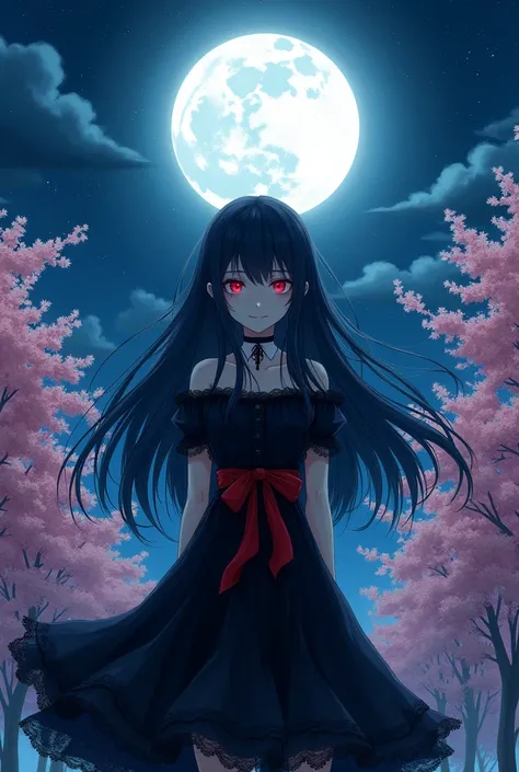 masterpiece, best quality, detailed, 1girl, solo, night sky, outdoors, full moon, stars, clouds, night,,  dark sakura, (black dress), long hair, evil smile, red ribbon, striped, thighs