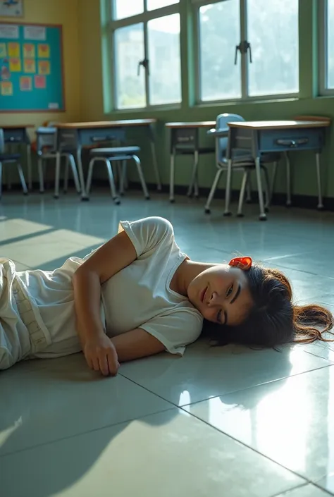 singaporean teen, in school, lying on the floor, exhausted expression, covered in transculent white paint 