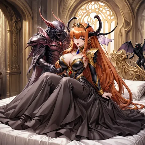 ((Highest quality)), ((masterpiece)), (detailed), （Perfect Face）、The woman is the Demon Queen Maya Cordelia, with medium-long orange hair, wearing a gorgeous black Demon Queen dress with gold embroidery and trim, gorgeous earrings, an engagement ring, and ...