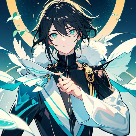 VTuber illustrations、High resolution、create、whole body,Black Hair，Neutral Facial Features,cute,Clever boy,Bangs between the eyes, Stars in the sky, Green Eyes, Gradient color eyes, Gradient Eye, Long eyelashes, Sparkling eyes, Ahoge, Cinematic Lighting Eff...