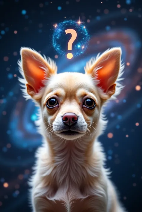 Close up of a dog&#39;s face, Space in the background (Beautiful shining stars and galaxies), Space Cat, big "!?" on the screen is written in big letters on the screen,Chihuahua Poodle