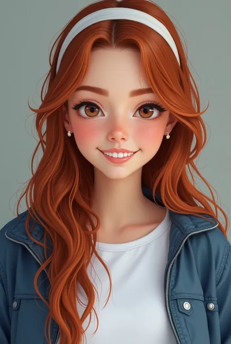 Long messy red hair with white headband. V shaped face and thin nose a mole below the nose, heart shaped lip and cute smile. beautiful brown eyes. Small earrings. She wears Blue jacket and white t shirt