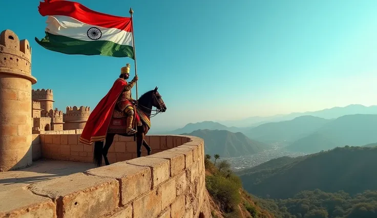 A victorious Maharana Pratap standing on the ramparts of a fort he has just reclaimed, with his rajput flag hoisted above, symbolizing his triumph.