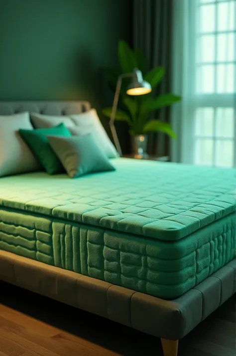 Product Name:Doctor Foam.A Project Of Green Insulation Private Limited "), a modern and innovative mattress design, showcasing eco-friendly materials, sleek and professional presentation, vivid green tones representing sustainability, a cozy ambiance conve...