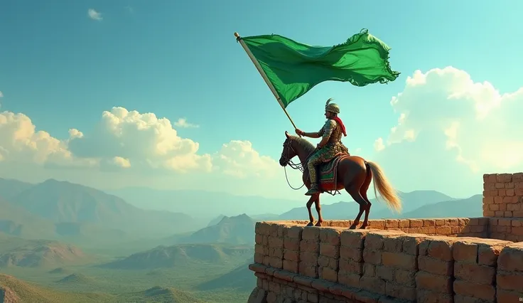 A victorious Maharana Pratap standing on the ramparts of a fort he has just reclaimed, with his rajput flag hoisted above, symbolizing his triumph. Dont put indian flag use any other colour flag