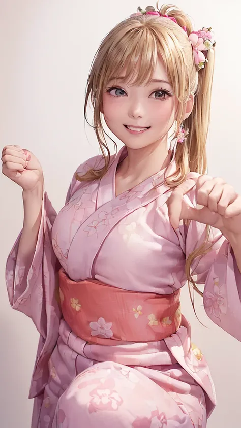 (((Cowboy Shot、Womens Solo Shot、Oil、Pure white wall background、masterpiece、Highest quality、High resolution)))、blonde、Long Hair、(((Side Ponytail)))、(((Floral Yukata)))、(((Pink Yukata)))、Fashionable hairstyles、Pure white wall background、Red cheeks、((No Shado...