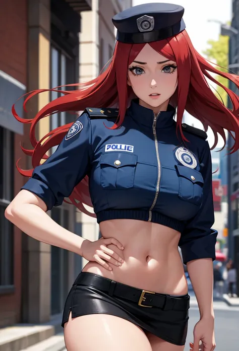 Masterpiece,Solo,1Girl,Kushina Uzumaki,(Naruto)Big Breasts,Perfect Body,Sexy Body Hot,Ultra High Quality,Ultra High Resolution,Photograph 16K,Ultra Detailed,Long Hair,Red Hair,Beautiful,Beautiful Girls,Female Police Theme,Female Police Uniform,Police Short...