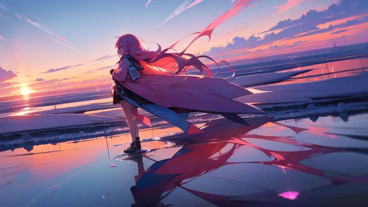 Masterpiece、One Girl、Pink Hair、Long Hair Girl、The girl is standing on the Uyuni Salt Flats.、The sky is sunset、Fluttering clouds