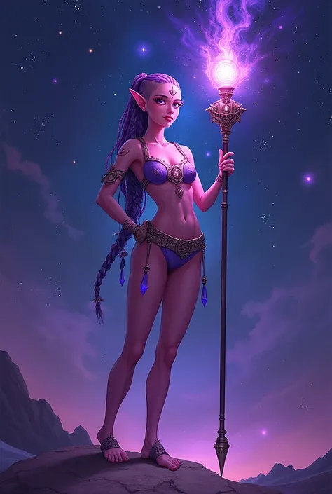 1girl, humanoid, pink skin, bald with braids, lantern insignia on forehead and chest, violet scheme, crop top, loincloth, bare feet, holding a long staff, indigo aura, space background, sexy pose