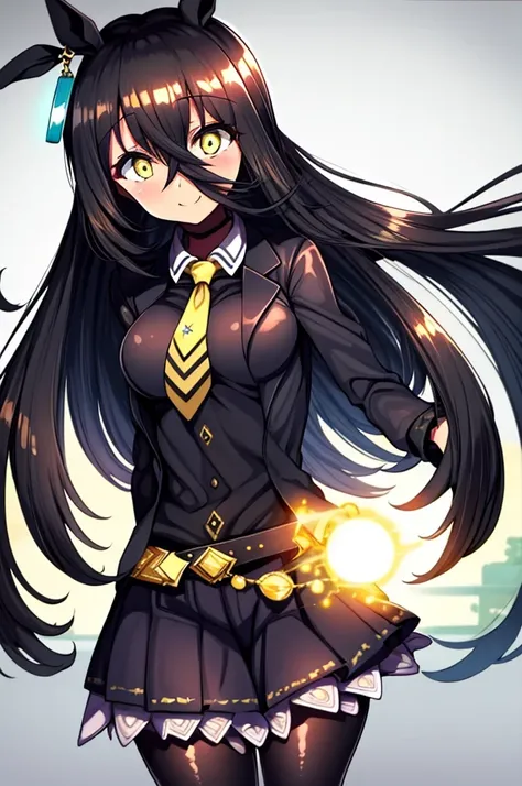 masterpiece, Highest quality:1.2), Manhattan Cafe(umamusume), One Woman, alone,Glowing Skin、Yellow Eyes、Eyes without highlights、Thick legs、Are standing、Cowboy Shot、smile、Shiny black skirt, Shiny black business shirt、Shiny yellow tie, Glossy black jacket,pa...