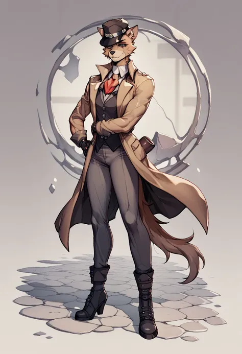 a anthropomorphic dog furry yellow detective buff,muscular wearing a detective outfit,brown trench-coat,scars,thick,30’s style. ...