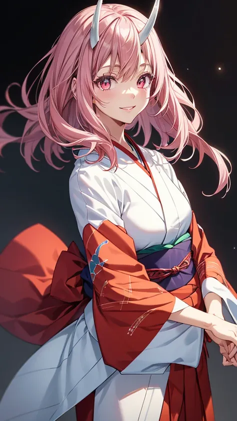 red and white kimono,long hair,pink hair,pink eyes,horns,smile,masterpiece,noise reduction,perfect anatomy,high resolution, ultr...