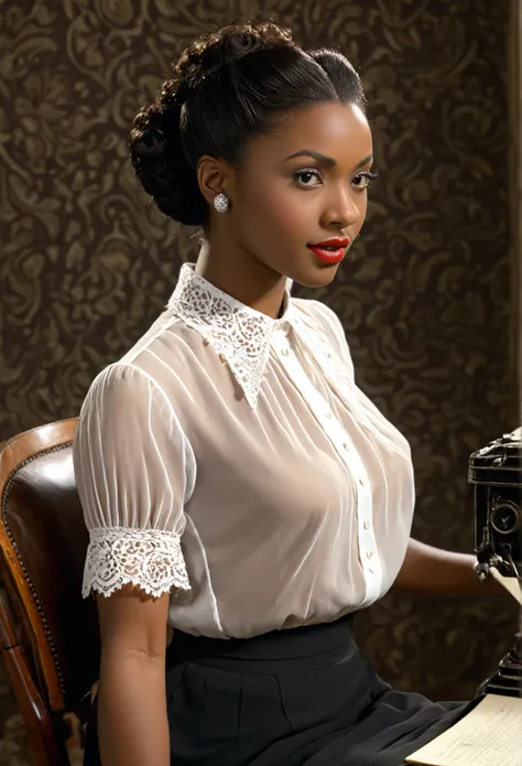 (masterpiece), best quality, expressive eyes, perfect face, 1936 black_African secretary, nude_naked, head turned toward viewer, looking at viewer, collared chiffon Victorian sheer invisible white lace blouse, sitting at typewriter, typing a letter, back s...