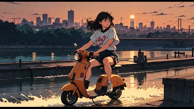 a girl riding an orange scooter, wearing casual and white shoes, with the city skyline in the background, a river flowing beside...