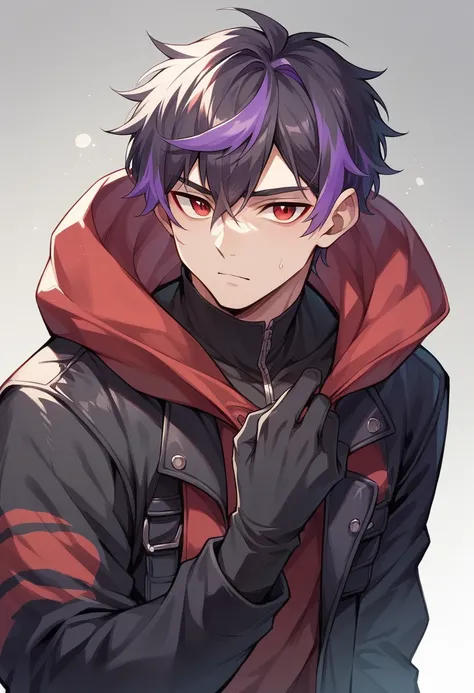 20-year-old young man with black fur with purple highlights, red eyes, black jacket with a red hood, in good physical condition.