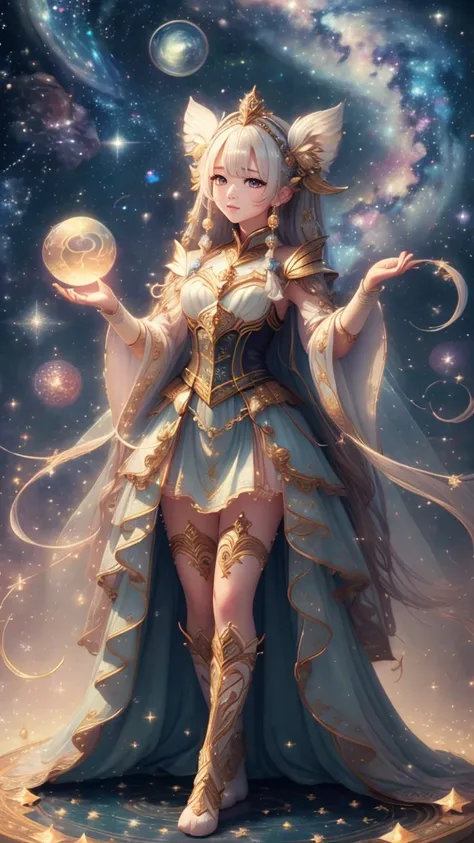 (masterpiece、Highest quality、Highest quality、Beautiful and beautiful:1.2)、Highest Resolution、8k、Excellent anatomy、The delicate story of a girl with milky white hair、Looking up at the stars、Expressive eyes、Astrologer costume、Wrapping up、Fog rising from the ...