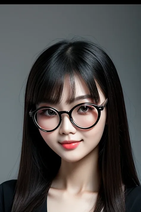 the face of a chinese woman in round glasses with black frames.