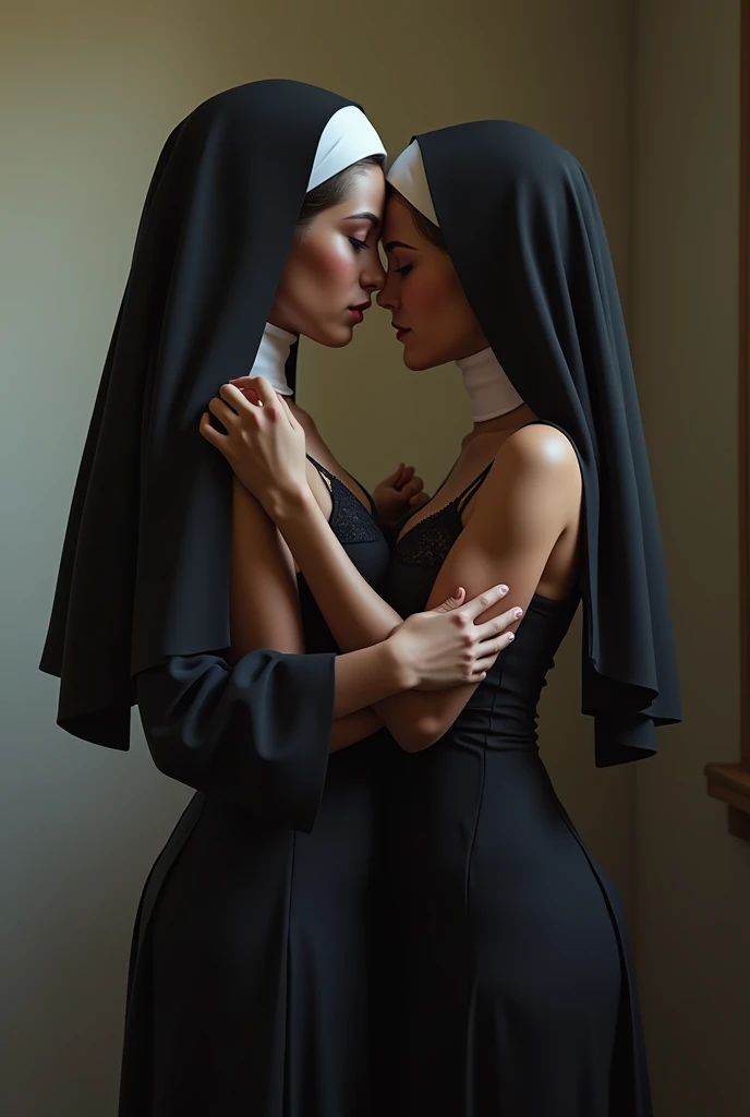 lesbian girl,lace bra,hugging nuns from behind fingering,realistic,hd details,camera view