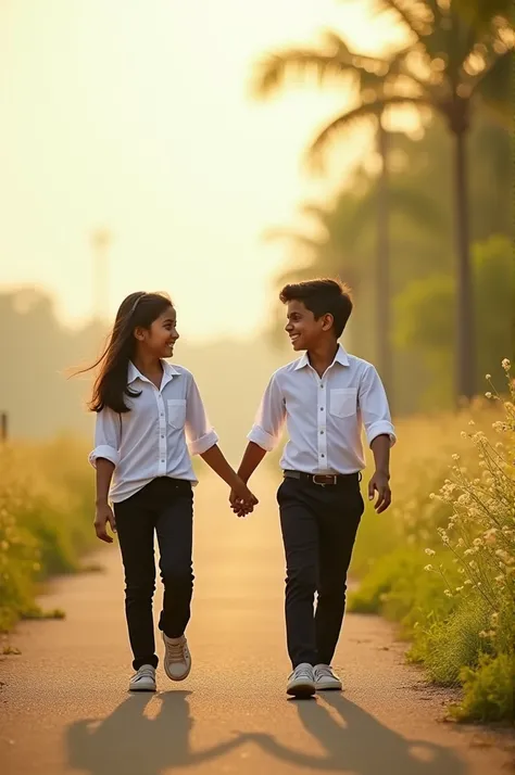 A girl with a boy. Together walking on a road   with morning background.they are wearing a white shirt and black paint.write a name on her shirt payal.and write his shirt Nitesh.