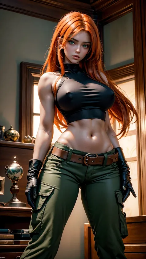 Masterpiece, raw, beautiful art, professional artist, 8k, very detailed face, very detailed hair, 1girl, Kim Possible, wearing (Orange-red hair, green eyes, confident expression, black crop top, black gloves, brown belt, green cargo pants:1.1), cameltoe, p...