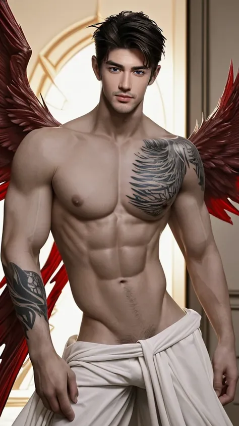 Describe in detail a handsome man, Archangel with angelic features giving a sexy pose showing off his body. bare torso, big chest, large muscles, long and smooth, the red angelic wings on his back, as well as its extremely striking beauty, enchanting, The ...