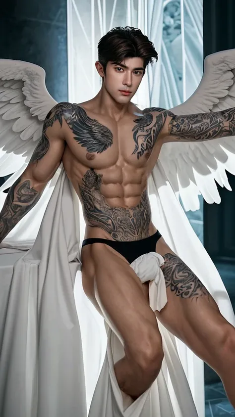 Describe in detail a handsome man, Archangel with angelic features giving a sexy pose showing off his body. bare torso, big chest, large muscles, long and smooth, the red angelic wings on his back, as well as its extremely striking beauty, enchanting, The ...