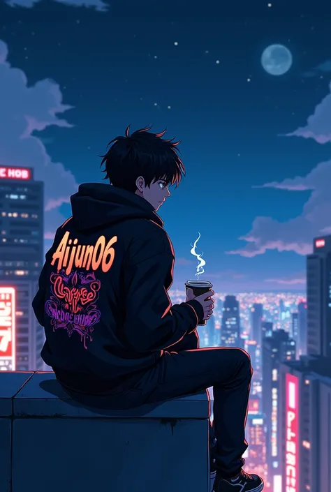 Cool anime Boy Chilling in the night rooftop with the back of his jacket name AIjun06 while holding a cup of coffee while looking the cities 