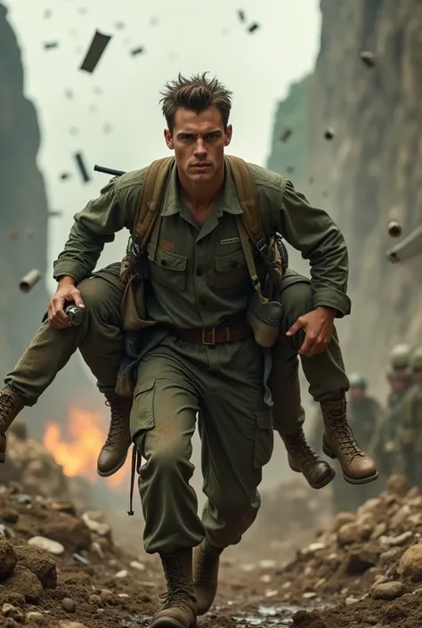 A scene from the movie Hacksaw Ridge, where the actor is saving the soldiers.