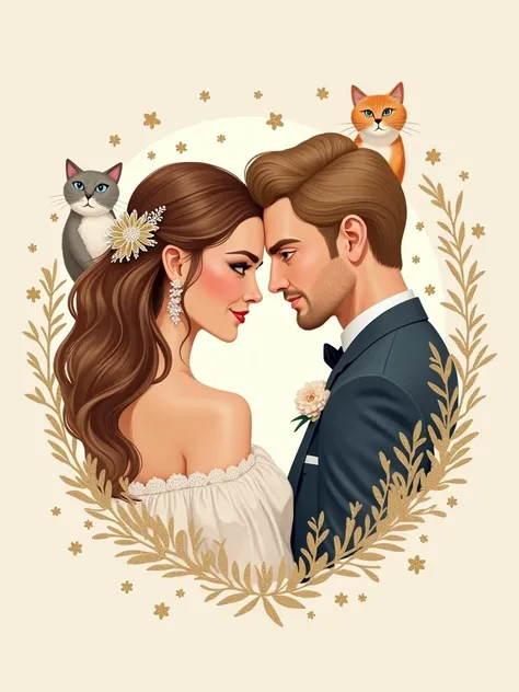 a chic and minimalist wedding invitation. The design showcases Birsu Sun, a radiant bride with wavy hair and brown eyes, and Erkan Eren, a dashing groom with voluminous, wavy blonde hair and blue eyes. two cats at the corner of invitation.