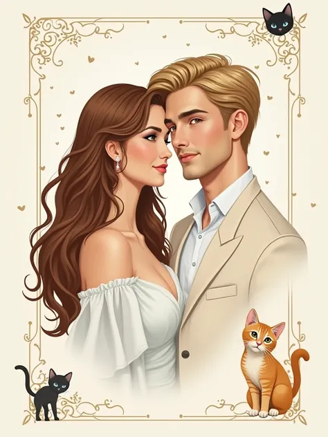 a chic and minimalist wedding invitation. The design showcases Birsu Sun, a radiant bride with wavy hair and brown eyes, and Erkan Eren, a dashing groom with voluminous, wavy blonde hair and blue eyes. two cats at the corner of invitation.