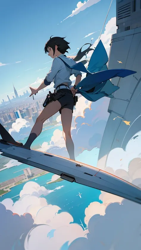 Flat painted hand-painted background, Makoto Shinkais sky, blue, with a studio and city below, drone plane, large background generated from a rooftop perspective. The sky takes up a large proportion.