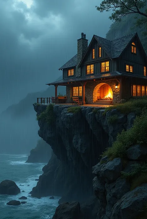 House on the cliff。It&#39;s raining outside the window。The room has a large fireplace。