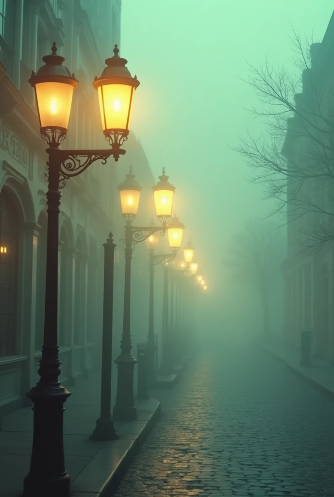 A surreal, 1950s-inspired scene of old-fashioned lampposts glowing softly in thick, dreamy mist. The colors are muted, and the atmosphere is calm yet surreal, as if time has slowed in this forgotten, cinematic moment