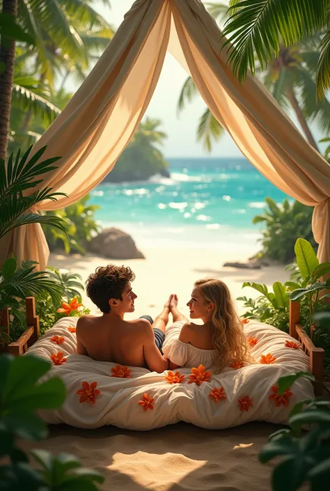 Please a jungle near the a beach and  there will a tent house.and under the house a girl and a boy.girl wear a white grown and boy only wear a paint whithin shirt and together romance on a bed 