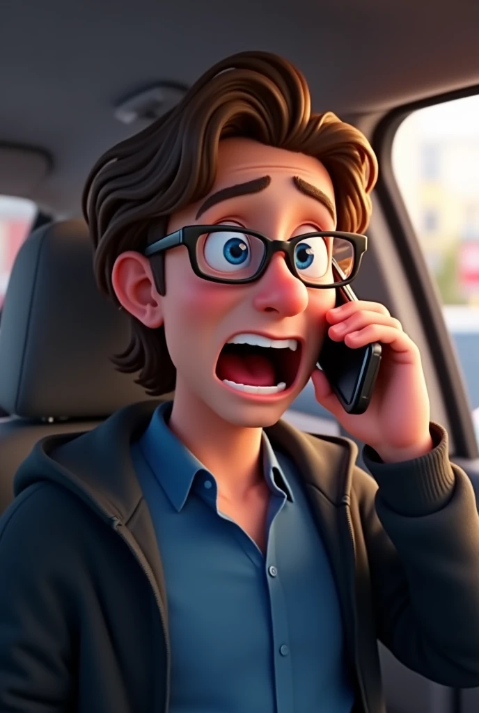 a male animated movie character in the Disney Pixar style, high qualiy, best quality , black fleece sweater blue shirt , Wear nerd glasses,  , long  hair , Happy young man  ,  is talking on the smartphone, engraçado cena comedy  , is inside his car,  trave...