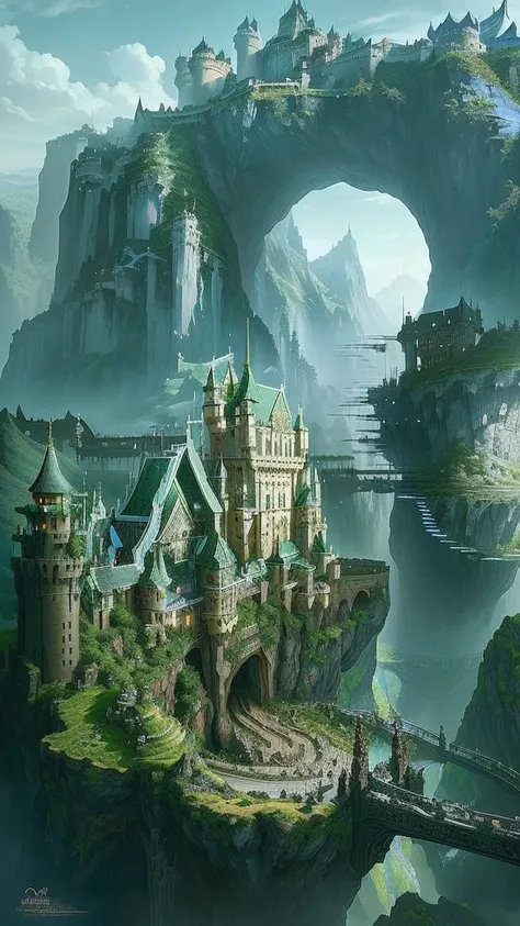 There is a castle on top of the hill，There is a bridge in the middle。, highly Detailed fantasy art, Elf City, Fantasy Architecture, Shanbao City, Fantasy Landscape, Elf Building, Impressive fantasy landscape, Detailed fantasy art, Fantasy setting, Gemasa&#...