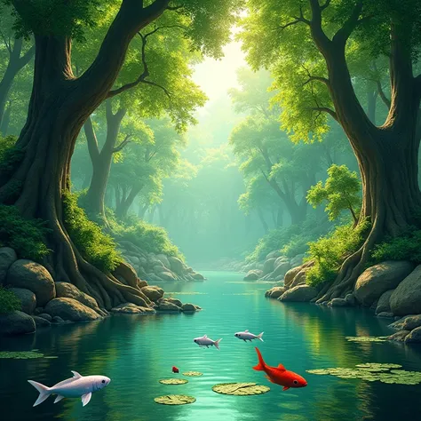 Lake and tree in jungle with birds and fishes