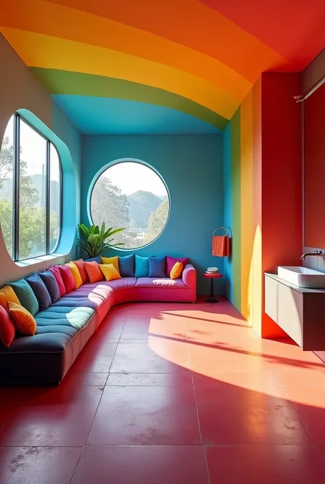 Rainbow colour theme aesthetic modern biggest lounge design looks real with attach bathroom 