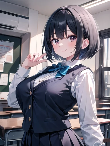 close,Dynamic pose, , 20-year-old, Black Hair, short hair,Bobcut, smile,Happy, Big brown eyes, Large Breasts, bow tie,Dark Blue Vest, Long sleeve shirt, Dark blue pleated skirt, indoor,School, , Absurd, Very detailed, masterpiece, high quality, wallpaper 8...