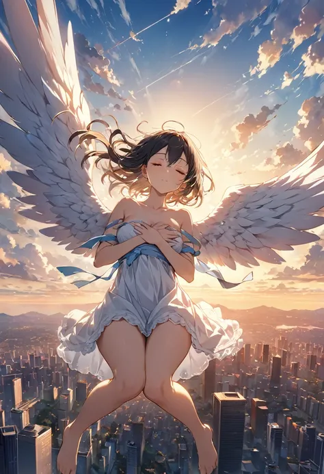 high resolution、High definition、8k、Anatomically correct、alone、null、cloud、Warm Light、distant cityscape、(Floating high in the air, with knees hugged to the chest)、close your eyes、Angel、Fully floating、diagonal、